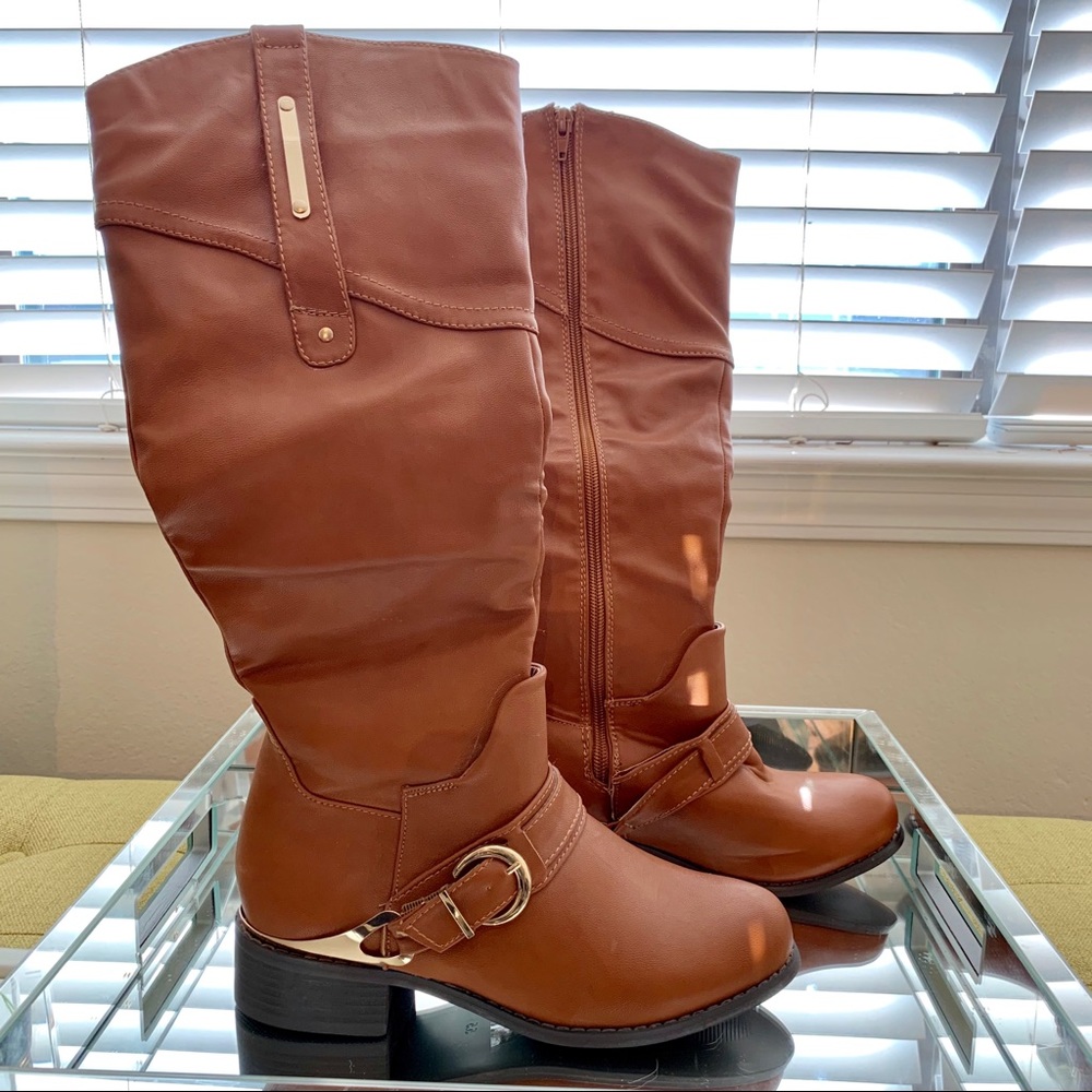 Wild Diva flat brown and gold knee high boots.